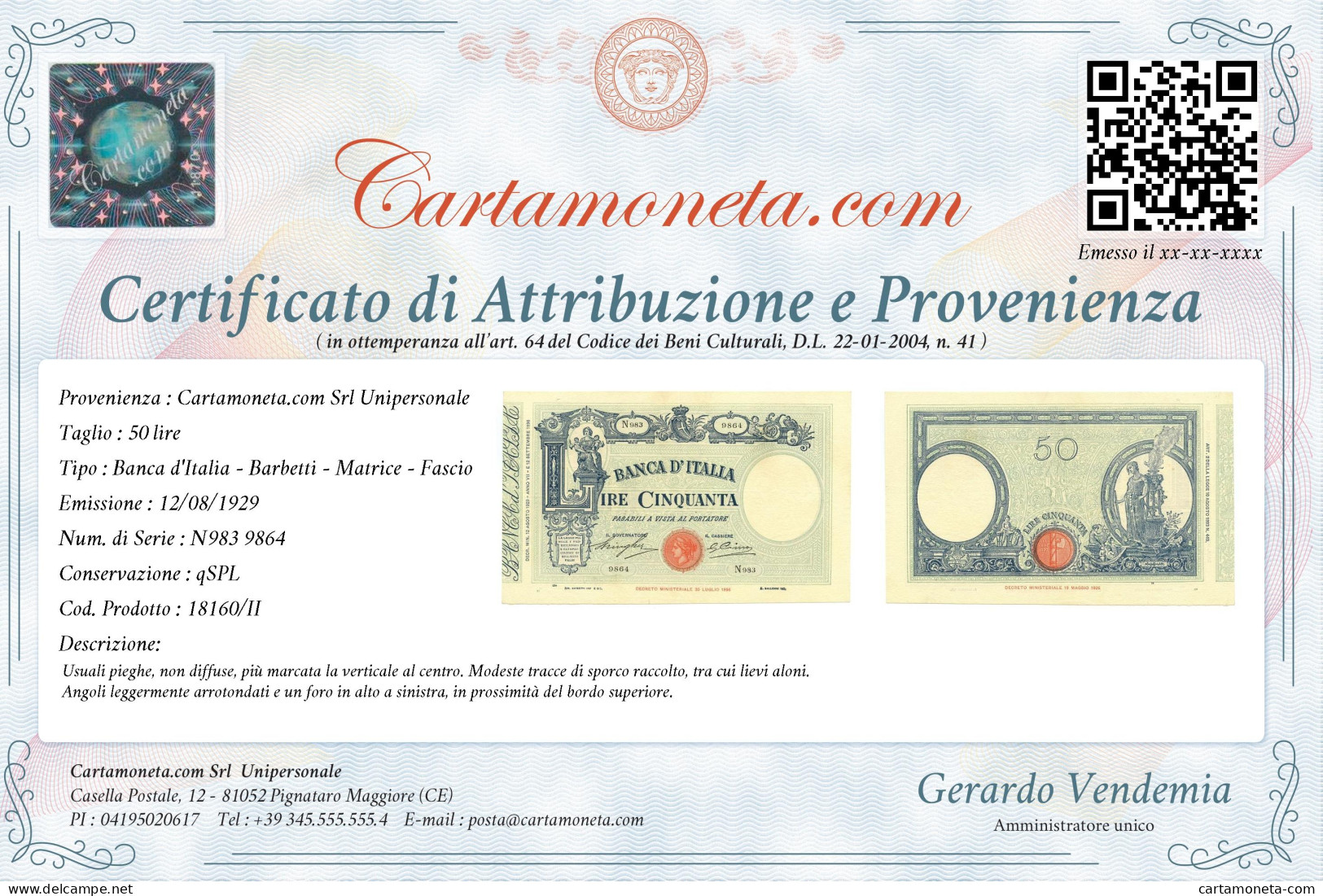 50 LIRE BARBETTI GRANDE L MATRICE LATERALE TESTINA FASCIO 12/08/1929 QSPL - Regno D'Italia – Autres