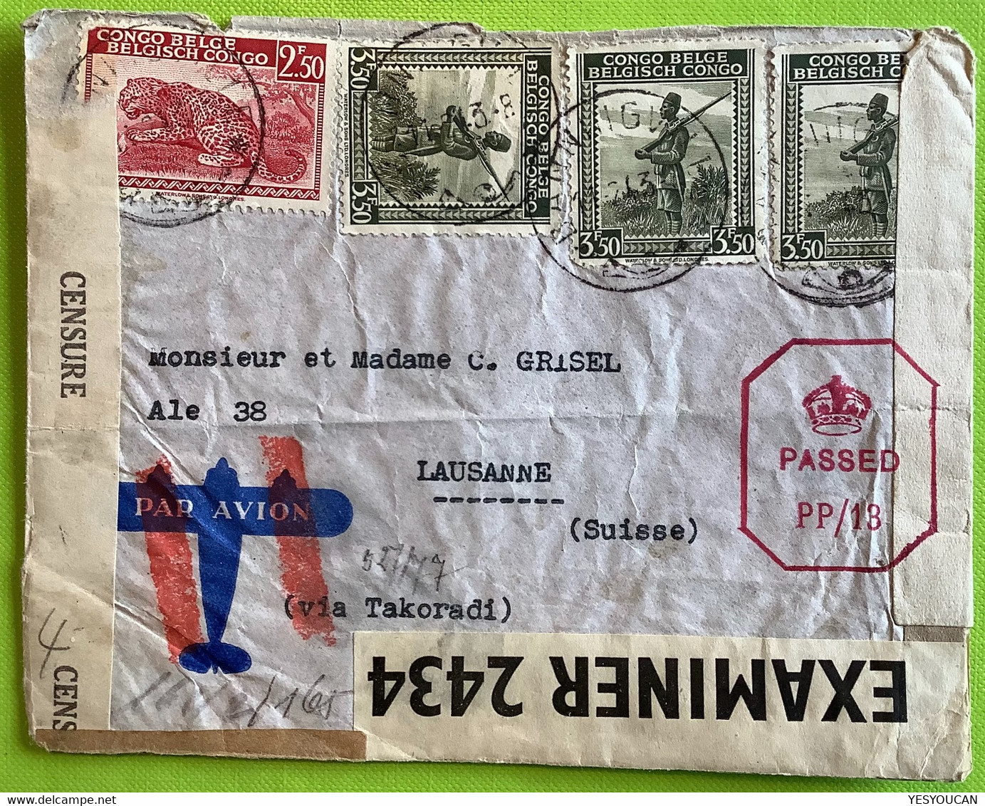 Congo Belge BANNINGVILLE1943 Censure X3 Lettre>Lausanne Suisse(WW2 GB Censored Cover OKW Zensur X Paris France Brief - Brieven En Documenten