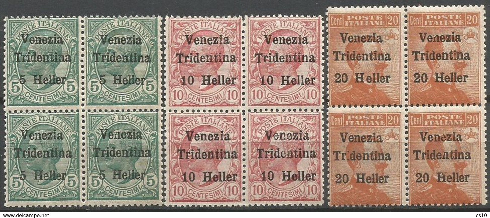 Terre Redente 1919 Trentino Venezia Tridentina H.5/10/20 Su Leoni C.5/10 E Michetti C.20 Serie Cpl 3v In Quartine MNH - Trentin