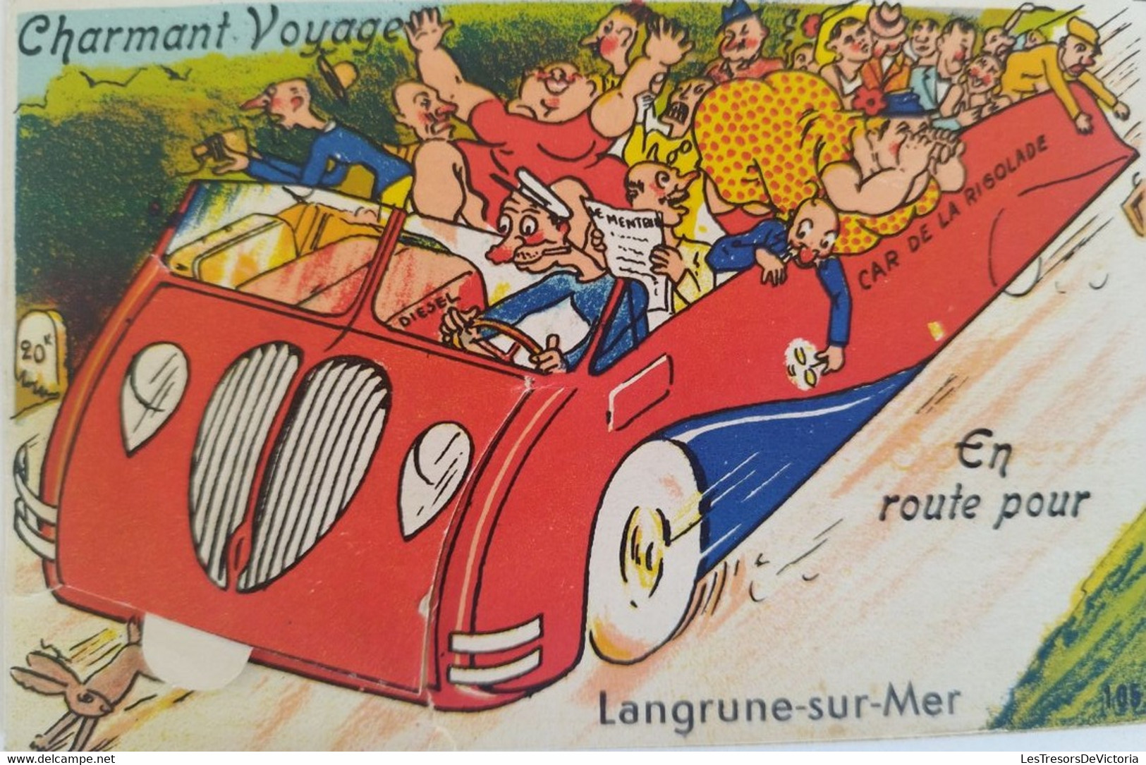 Fantaisies - A Systèmes - Charmant Voyage - En Route Pour Langrune Sur Mer - Car De La Rigolade - Carte Postale Ancienne - Cartoline Con Meccanismi