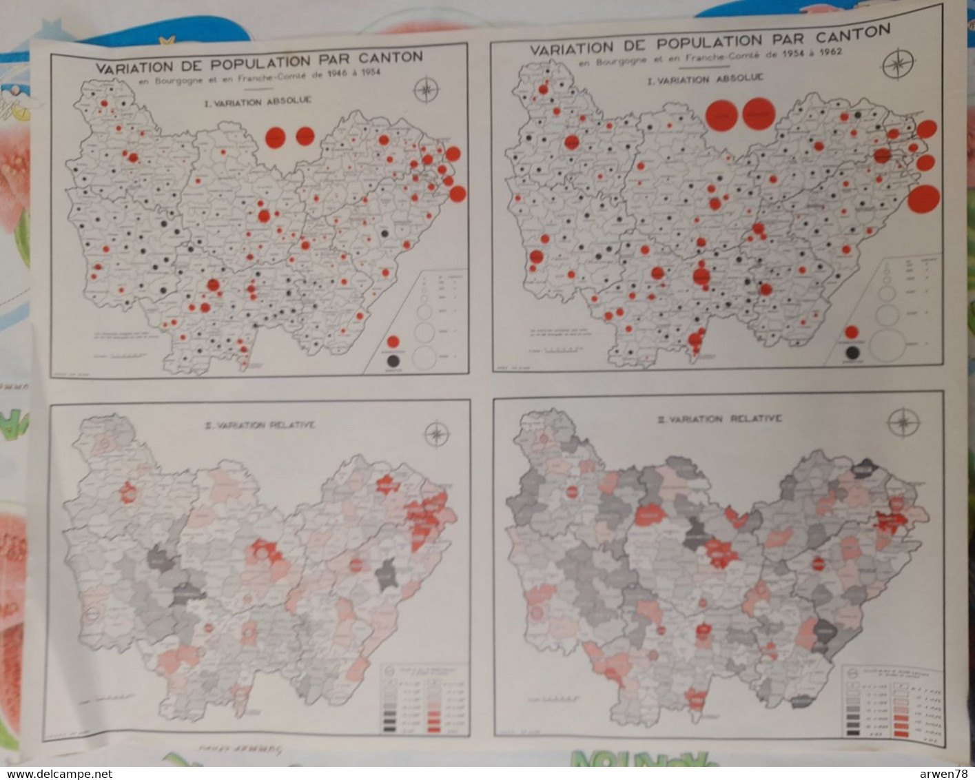 Carte De L'institut National De La Statistique Variation Population Canton En Bourgogne & Franche Comté  De 1946 A 1962 - Cartes Topographiques