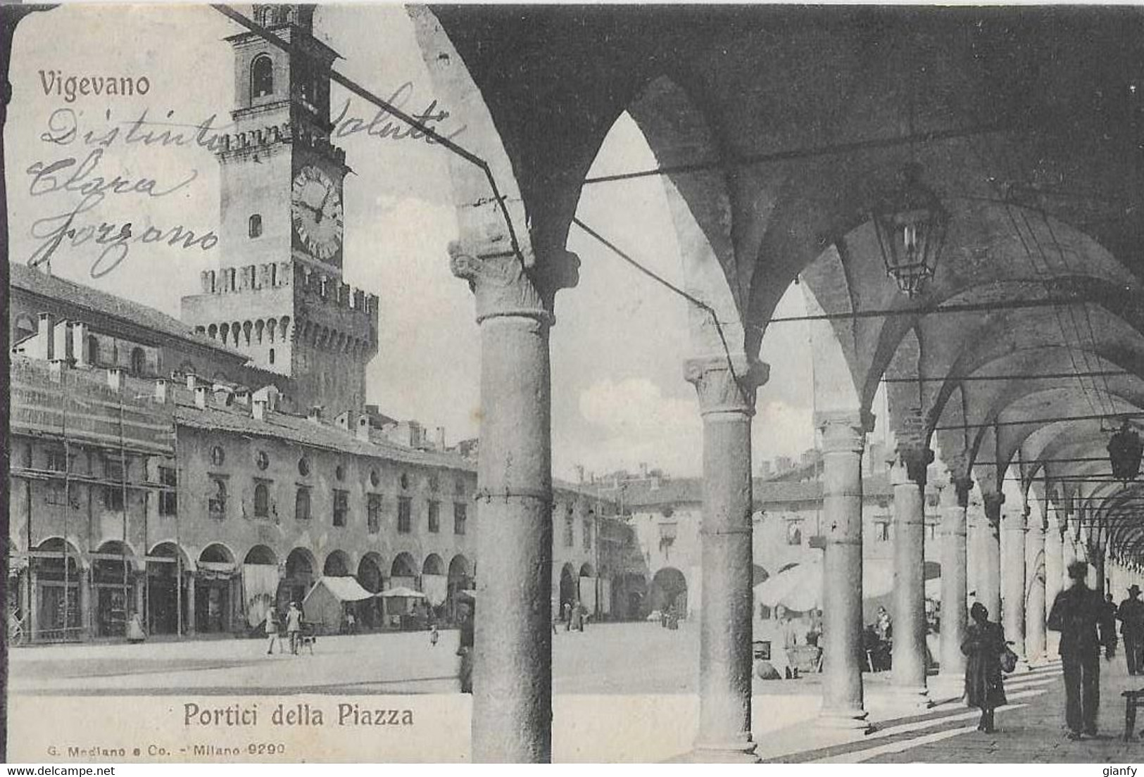 VIGEVANO PORTICI DELLA PIAZZA 1908 ANIMATA - Vigevano