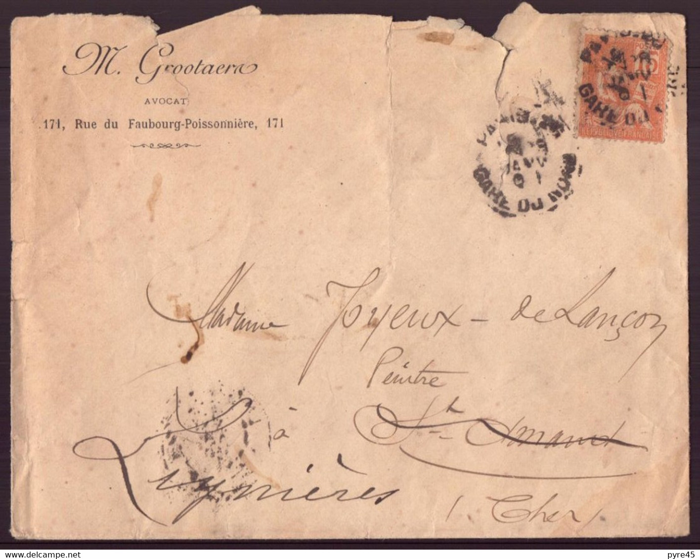 France, Enveloppe à En-tête " Grootaern " Avocat, Du 29 Janvier 1901 Pour Saint Amand Mont-Rond - Andere & Zonder Classificatie