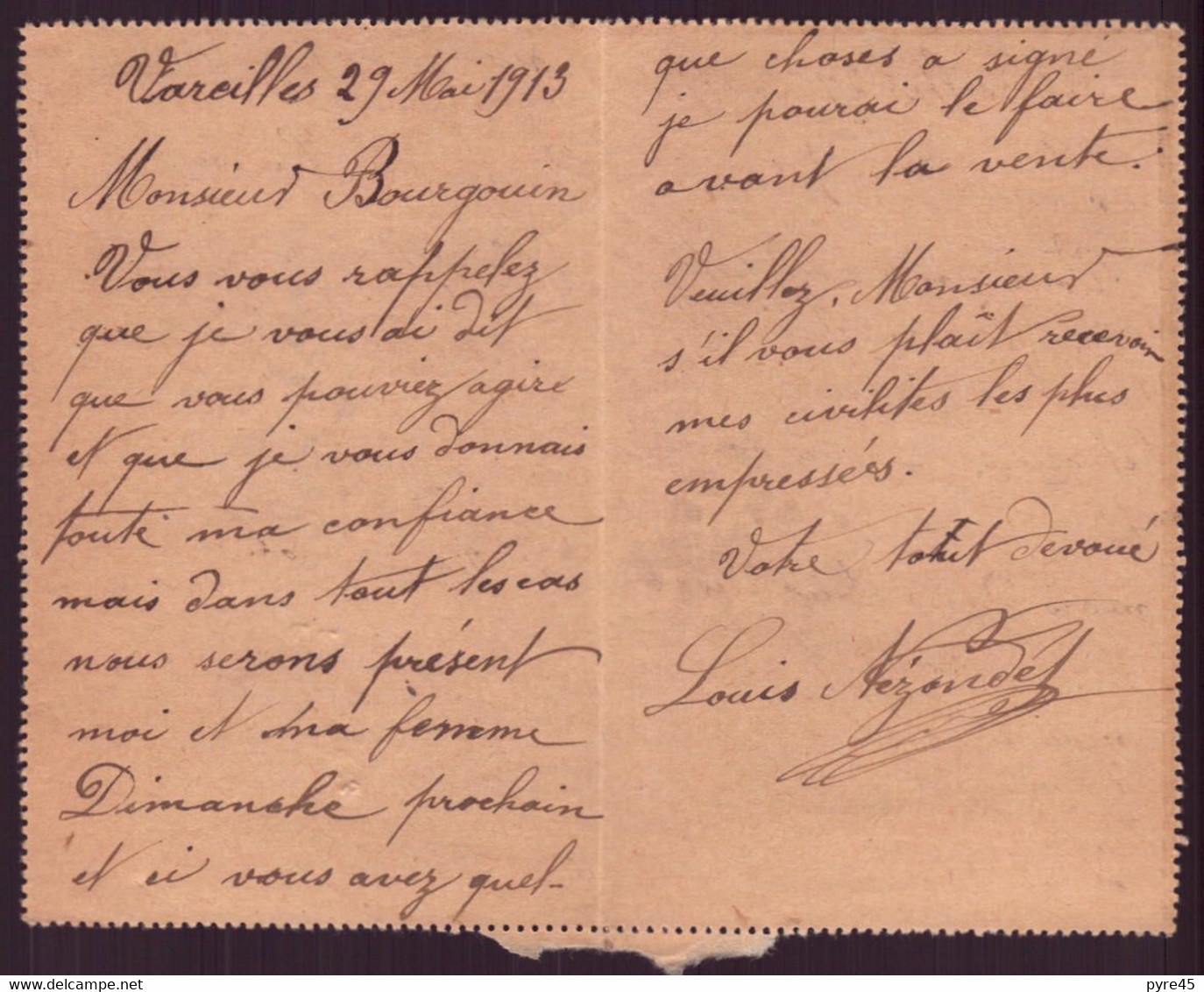 France, Carte-lettre Du 29 Mai 1913 De Vareilles Pour Chéroy - Otros & Sin Clasificación