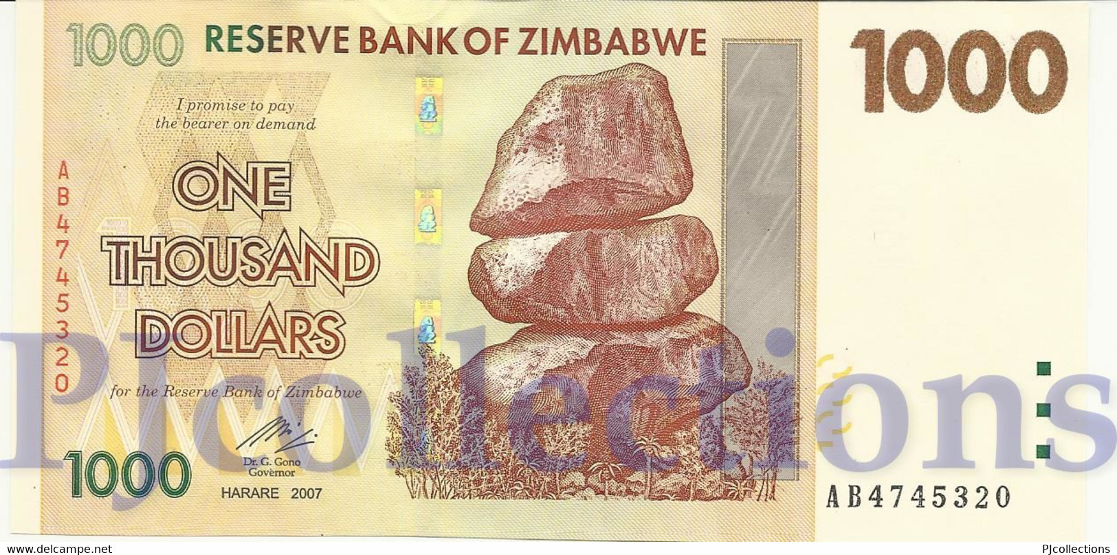 ZIMBABWE 1000 DOLLARS 2007 PICK 71 UNC PREFIX "AB" - Zimbabwe