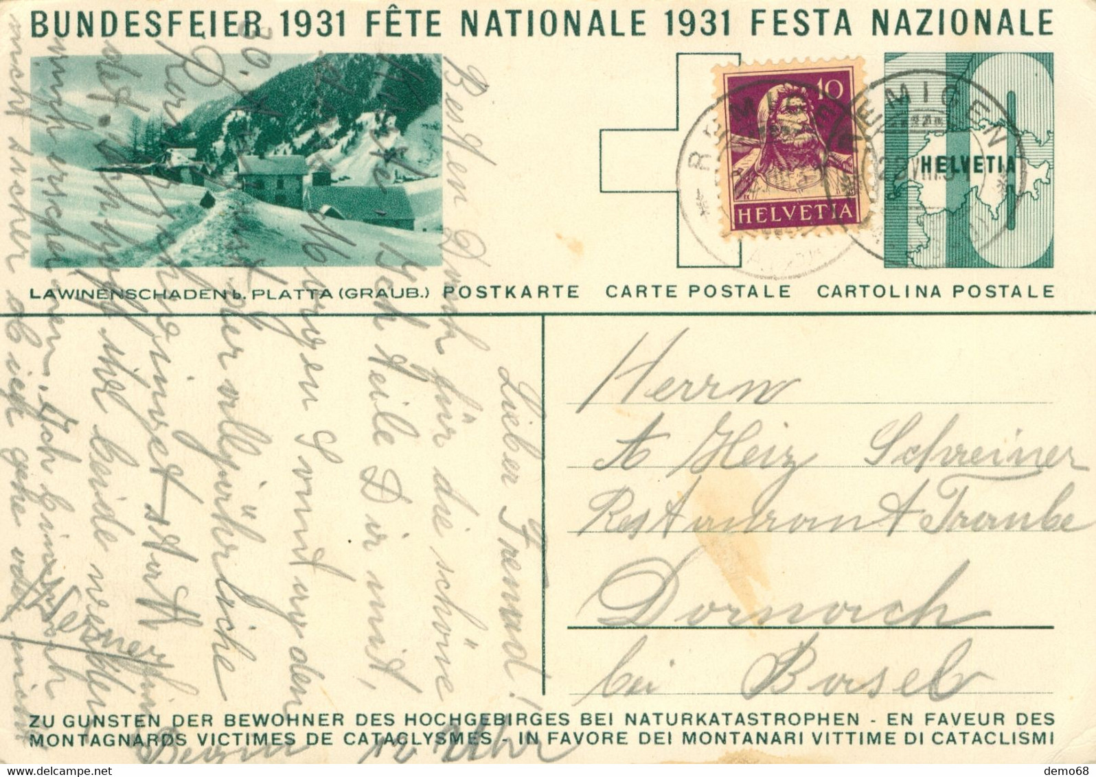 Fantaisie Fête Nationale Bundesfeier Lawinenschaden B. Platta Victime Montagnard Suisse Schweiz Entier Postal 1931 - Autres & Non Classés