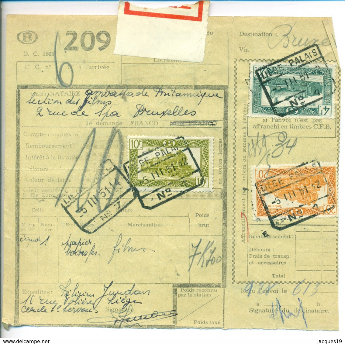 Belgique 1951 Bordereau De Collis à Bruxelles - Documents & Fragments