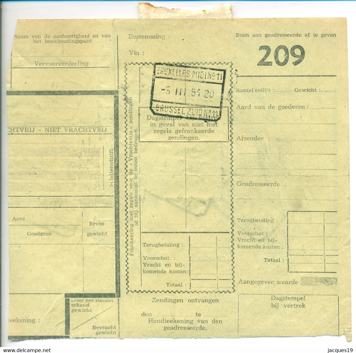 Belgique 1951 Bordereau De Collis à Bruxelles - Documents & Fragments