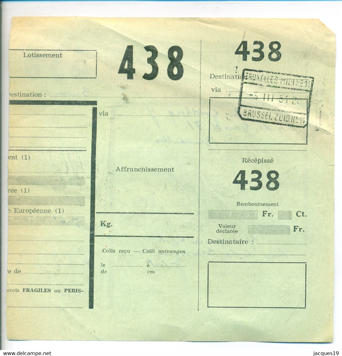 Belgique 1951 Bordereau De Collis à Bruxelles - Dokumente & Fragmente