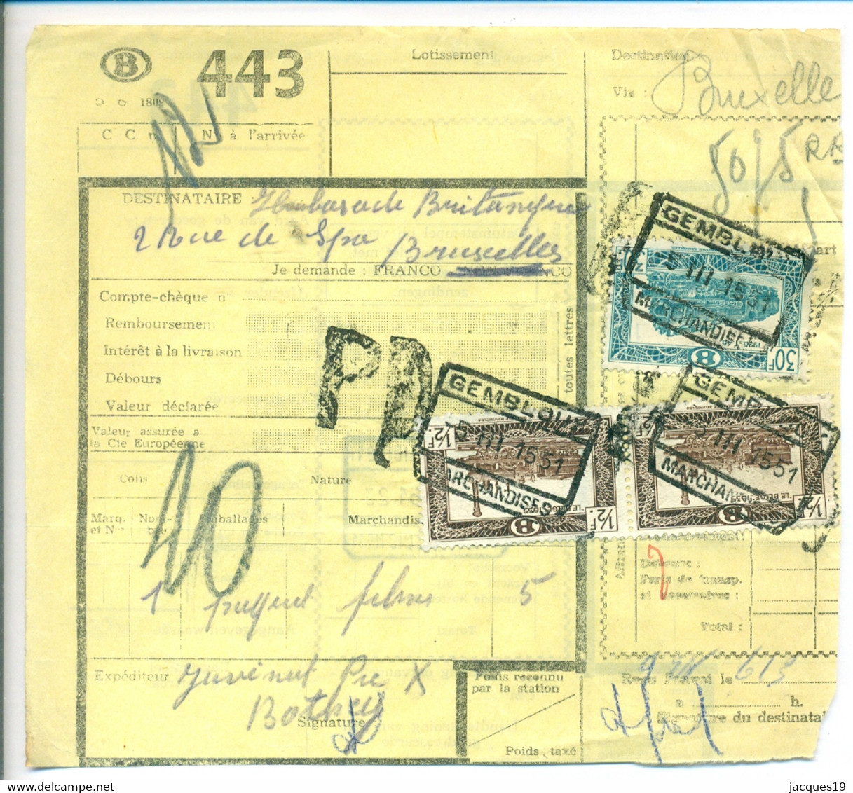 Belgique 1951 Bordereau De Collis à Bruxelles - Dokumente & Fragmente