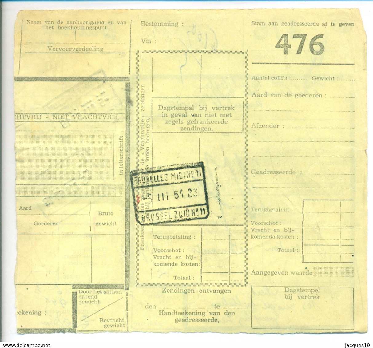 Belgique 1951 Bordereau De Collis à Bruxelles - Documents & Fragments