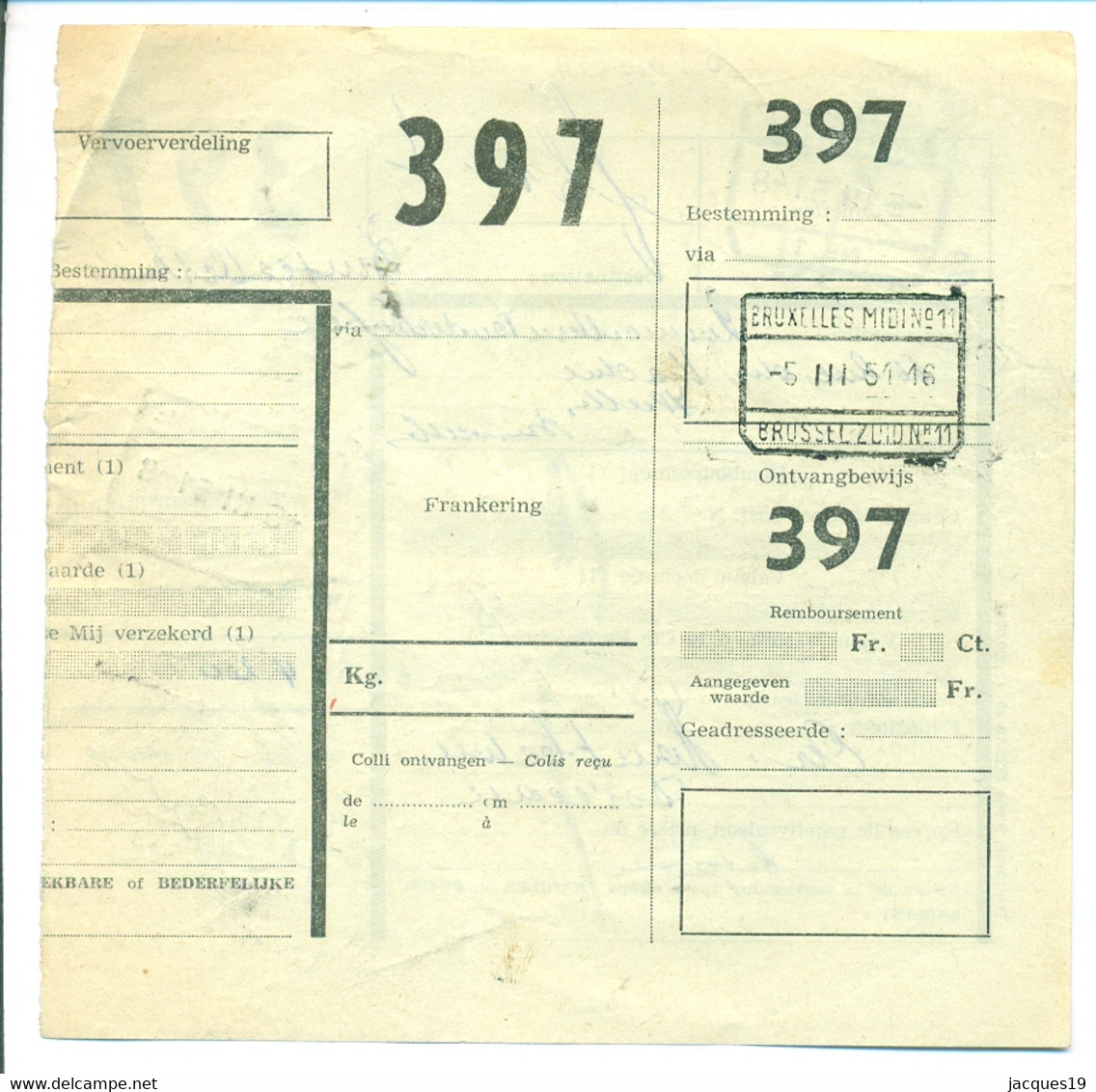 Belgique 1951 Bordereau De Collis à Bruxelles - Dokumente & Fragmente