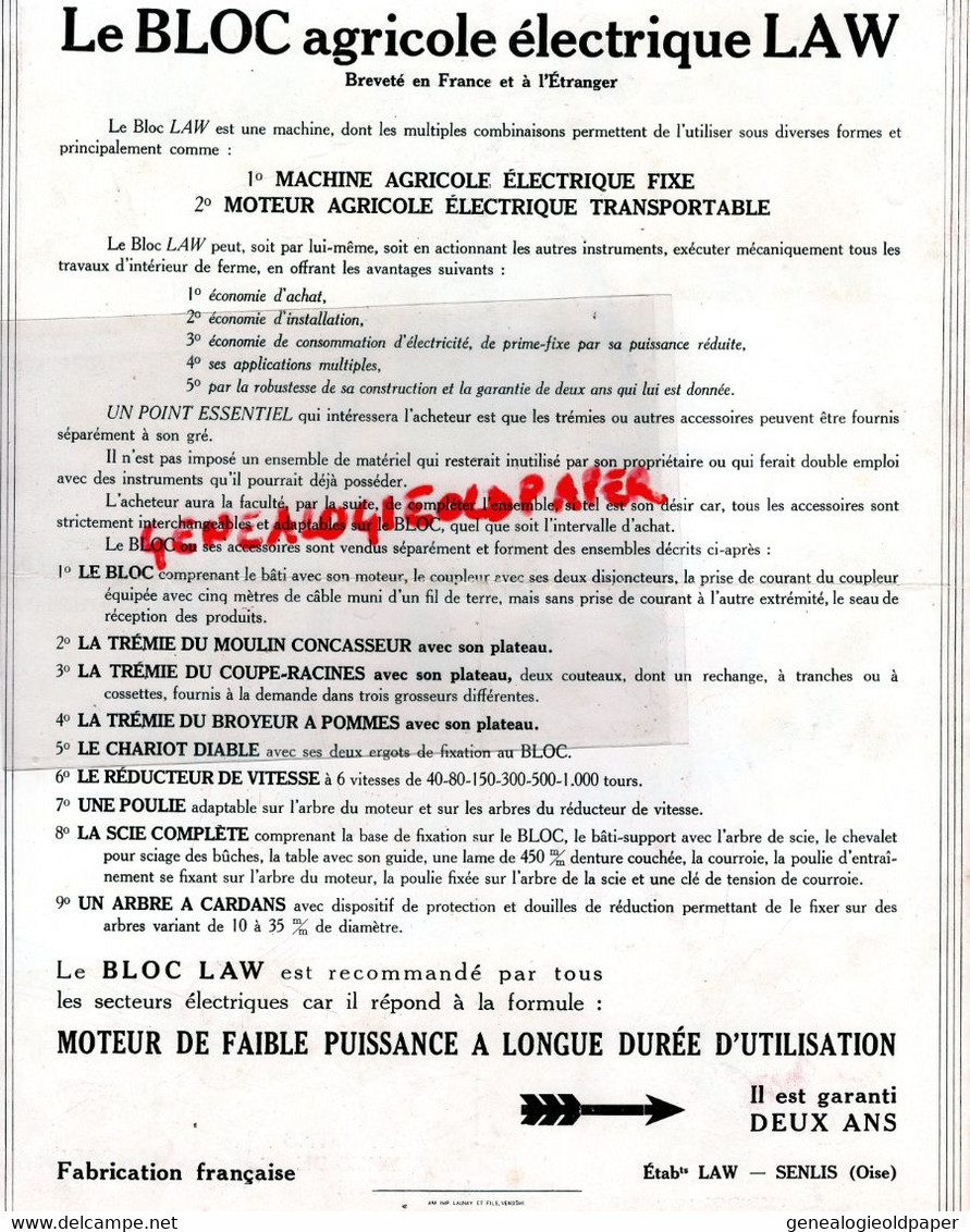 60-SENLIS- PROSPECTUS PUBLICITE ETS. LAW -LE BLOC LAW-MACHINE AGRICOLE ELECTRIQUE MODERNE-BROYEUR AGRICULTURE - Agriculture