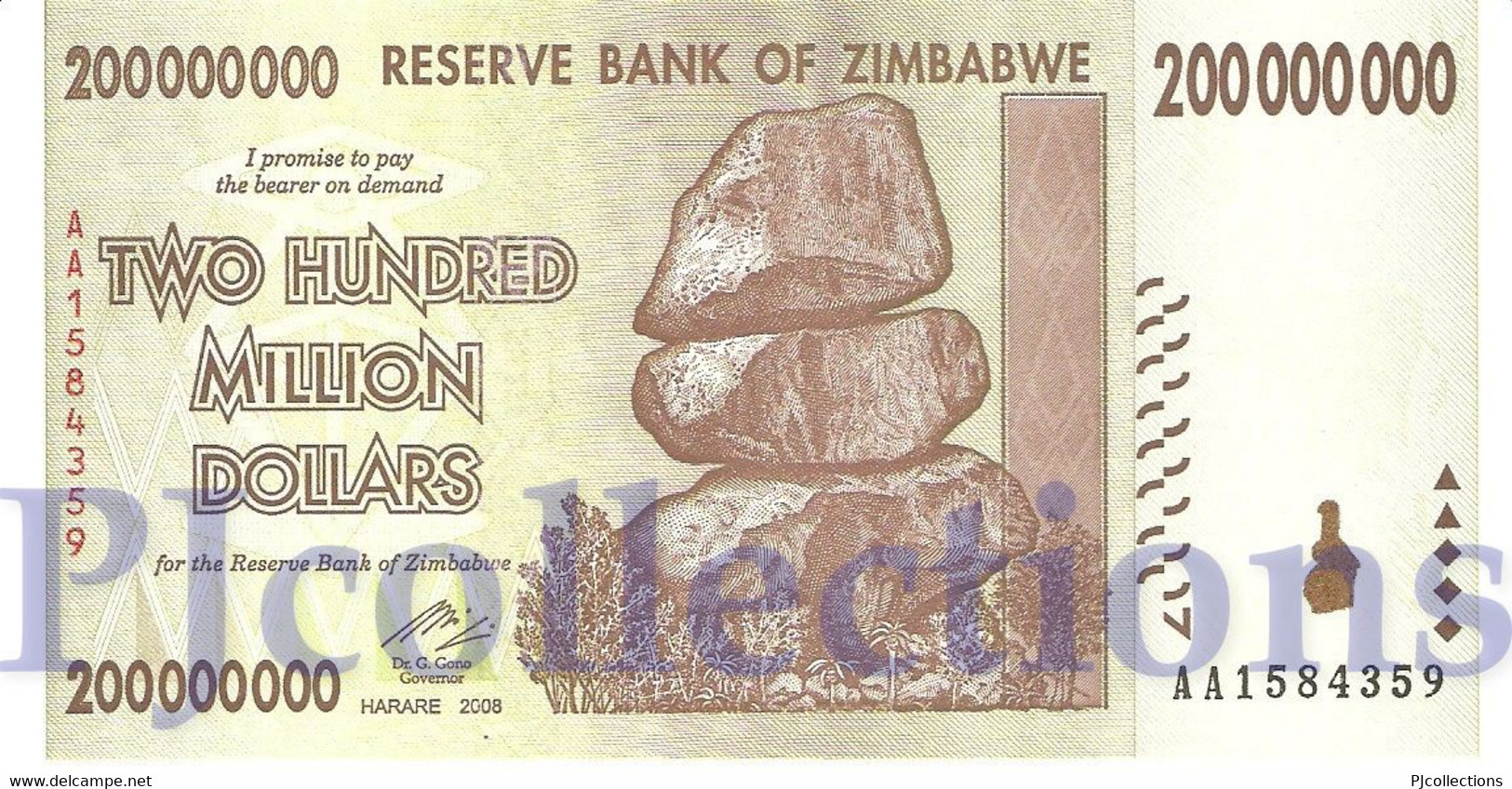 ZIMBABWE 200 MILLION DOLLARS 2008 PICK 81 UNC PREFIX "AA" - Zimbabwe