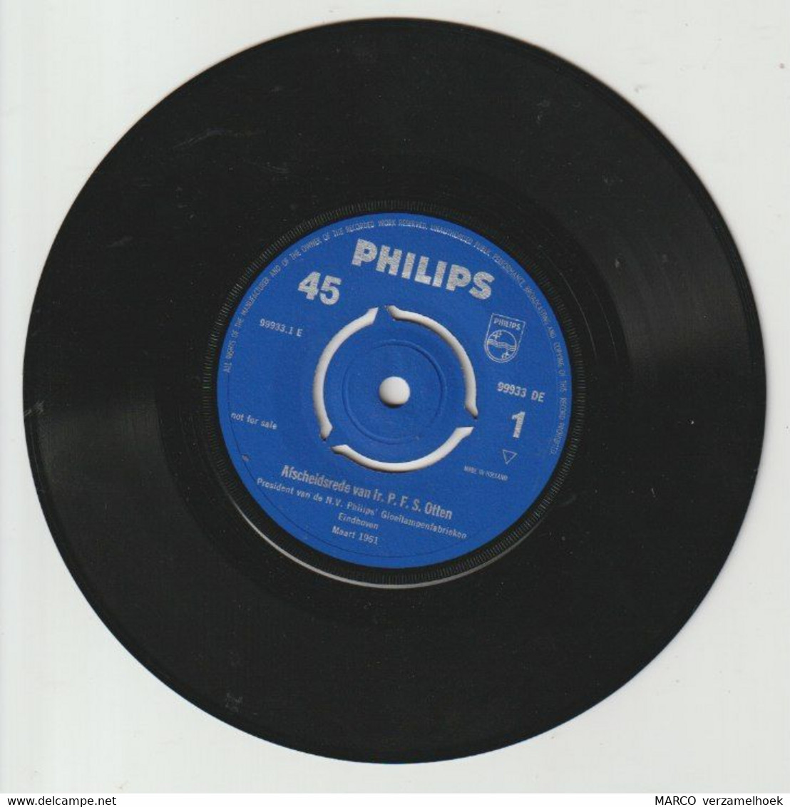 45T Single Afscheidsrede Van Ir. P.F.S. Otten President Van PHILIPS Gloeilampenfabrieken Eindhoven (NL) 1961 - Other - Dutch Music