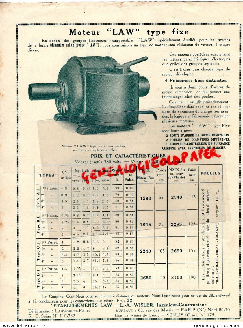 60-SENLIS- PROSPECTUS PUBLICITE ETS. LAW -LE BLOC LAW-MACHINE AGRICOLE -MOTEUR TYPE FIXE-AGRICULTURE - Landwirtschaft