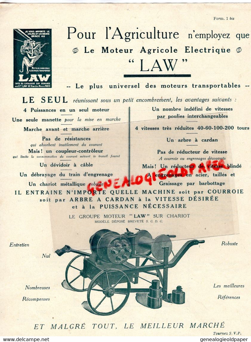 60-SENLIS- PROSPECTUS PUBLICITE ETS. LAW -LE BLOC LAW-MACHINE AGRICOLE -MOTEUR ELECTRIQUE -AGRICULTURE - Agriculture