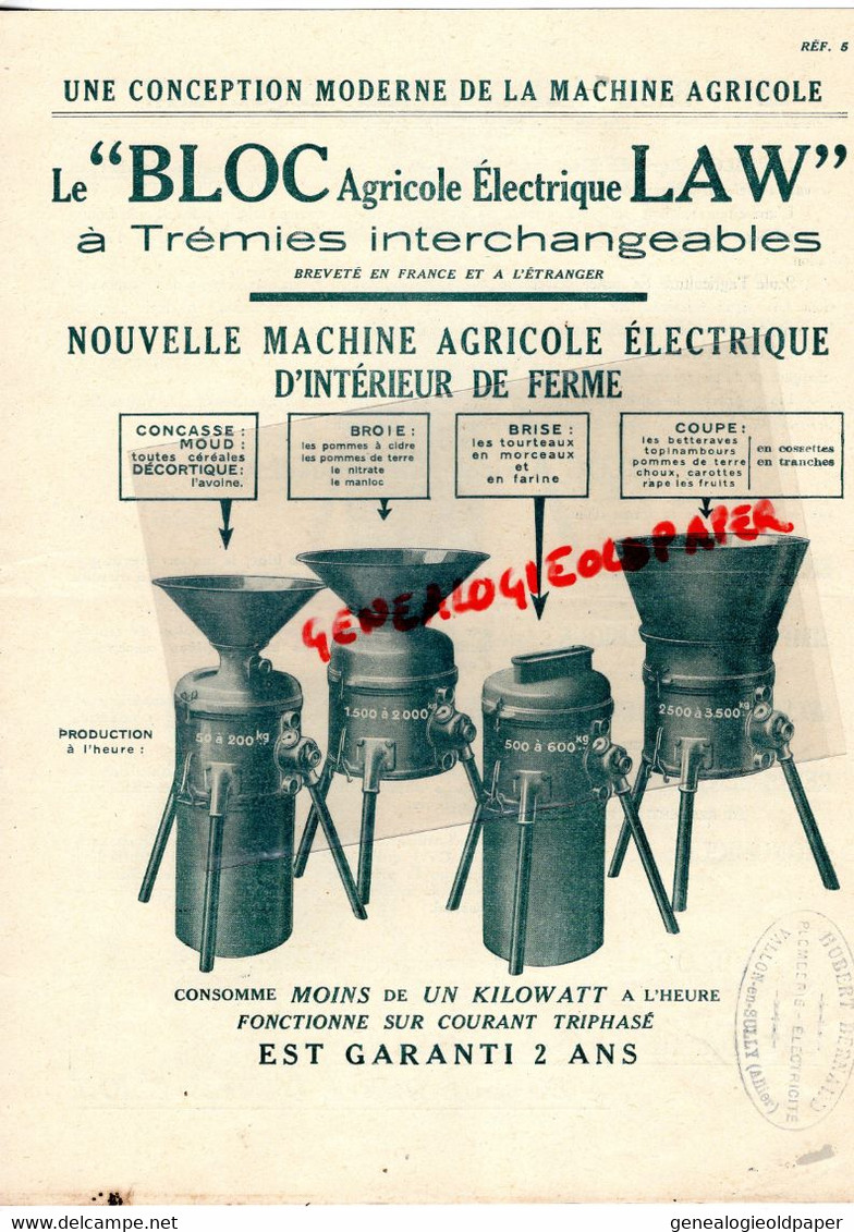 60-SENLIS- PROSPECTUS PUBLICITE ETS. LAW -LE BLOC LAW-MACHINE AGRICOLE -MOTEUR ELECTRIQUE -AGRICULTURE - Landbouw