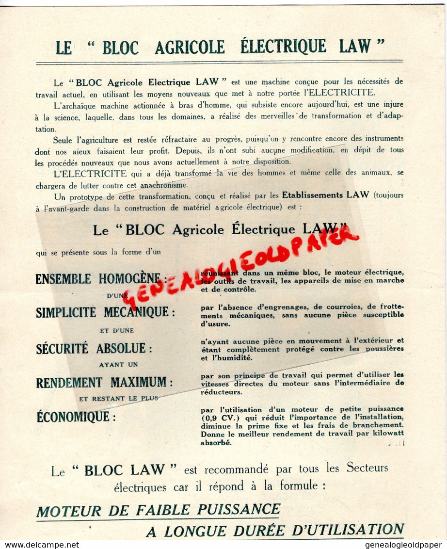 60-SENLIS- PROSPECTUS PUBLICITE ETS. LAW -LE BLOC LAW-MACHINE AGRICOLE -MOTEUR ELECTRIQUE -AGRICULTURE - Landwirtschaft