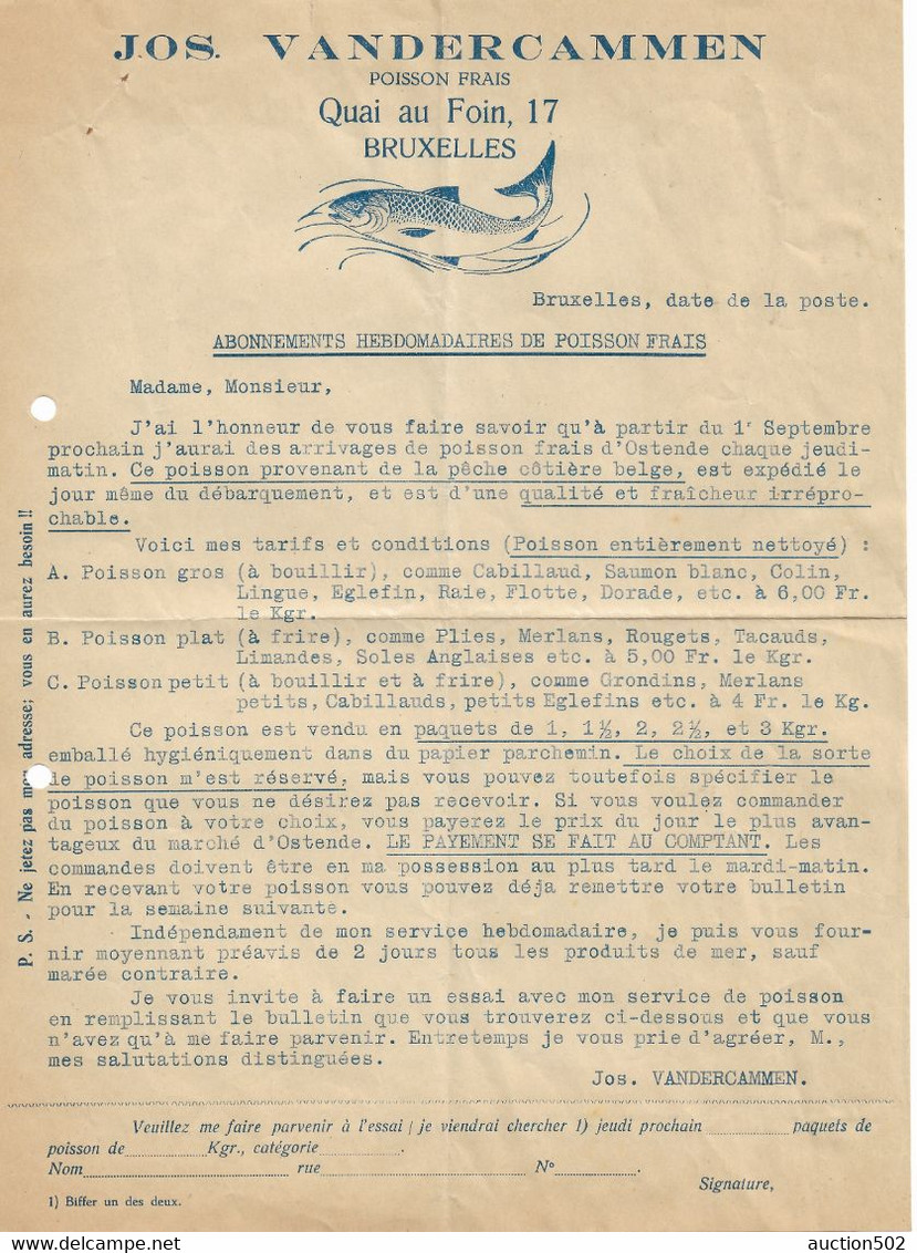 Document Publicitaire Jos Vandercammen Poisson Frais Bruxelles Explicatif Des Poissons Fournis - Levensmiddelen