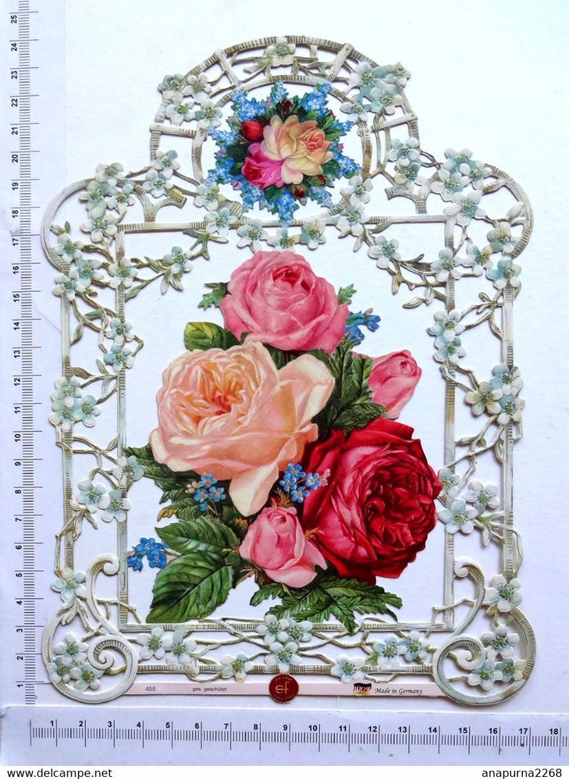 GRAND DECOUPI  GAUFRE....... H 23 Cm.  ..IMPRIME DOUBLE FACE....ROSES - Fleurs