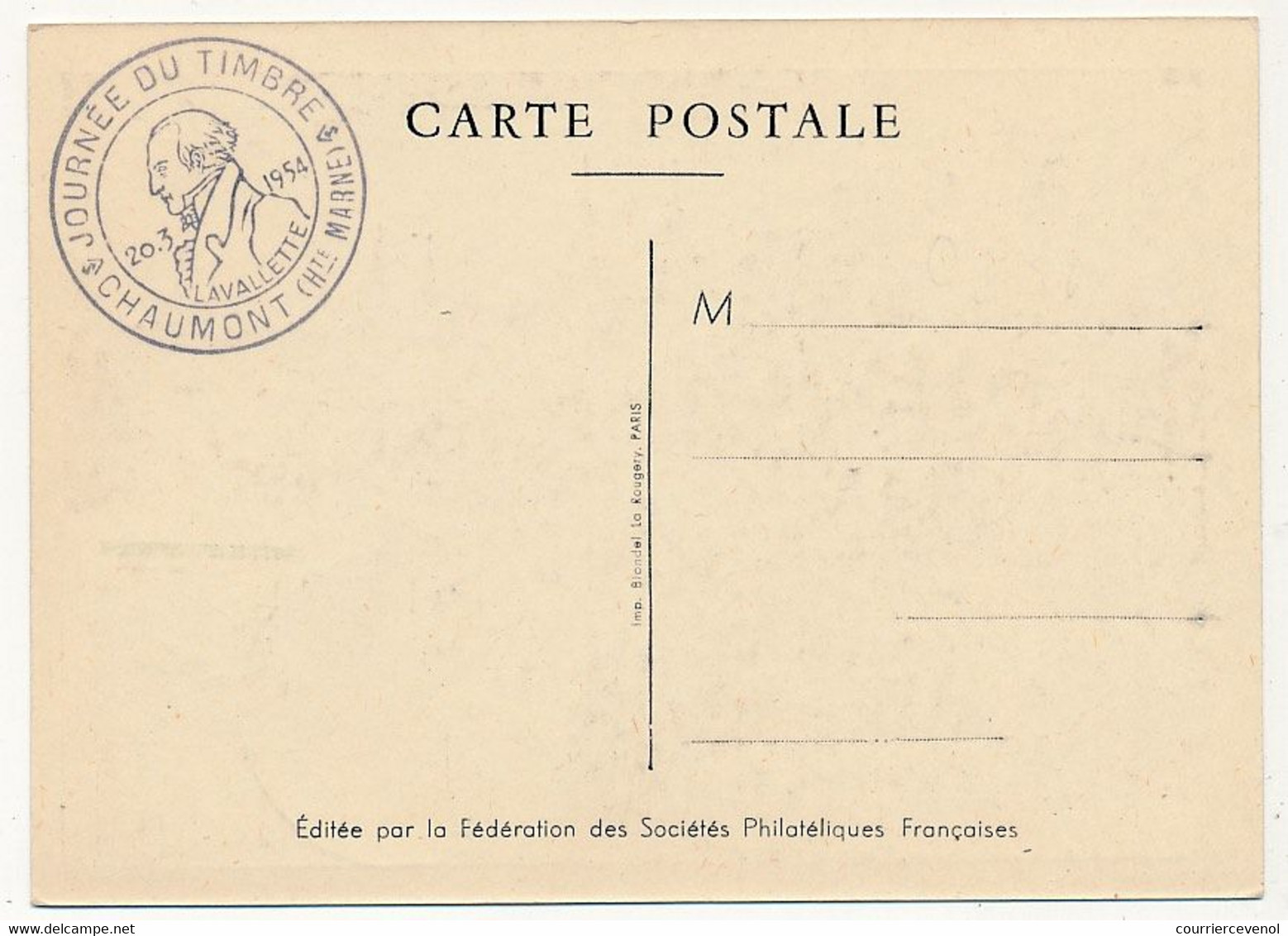 FRANCE - Carte Locale - Journée Du Timbre 1954 - CHAUMONT - 12F + 3F Lavalette - Lettres & Documents