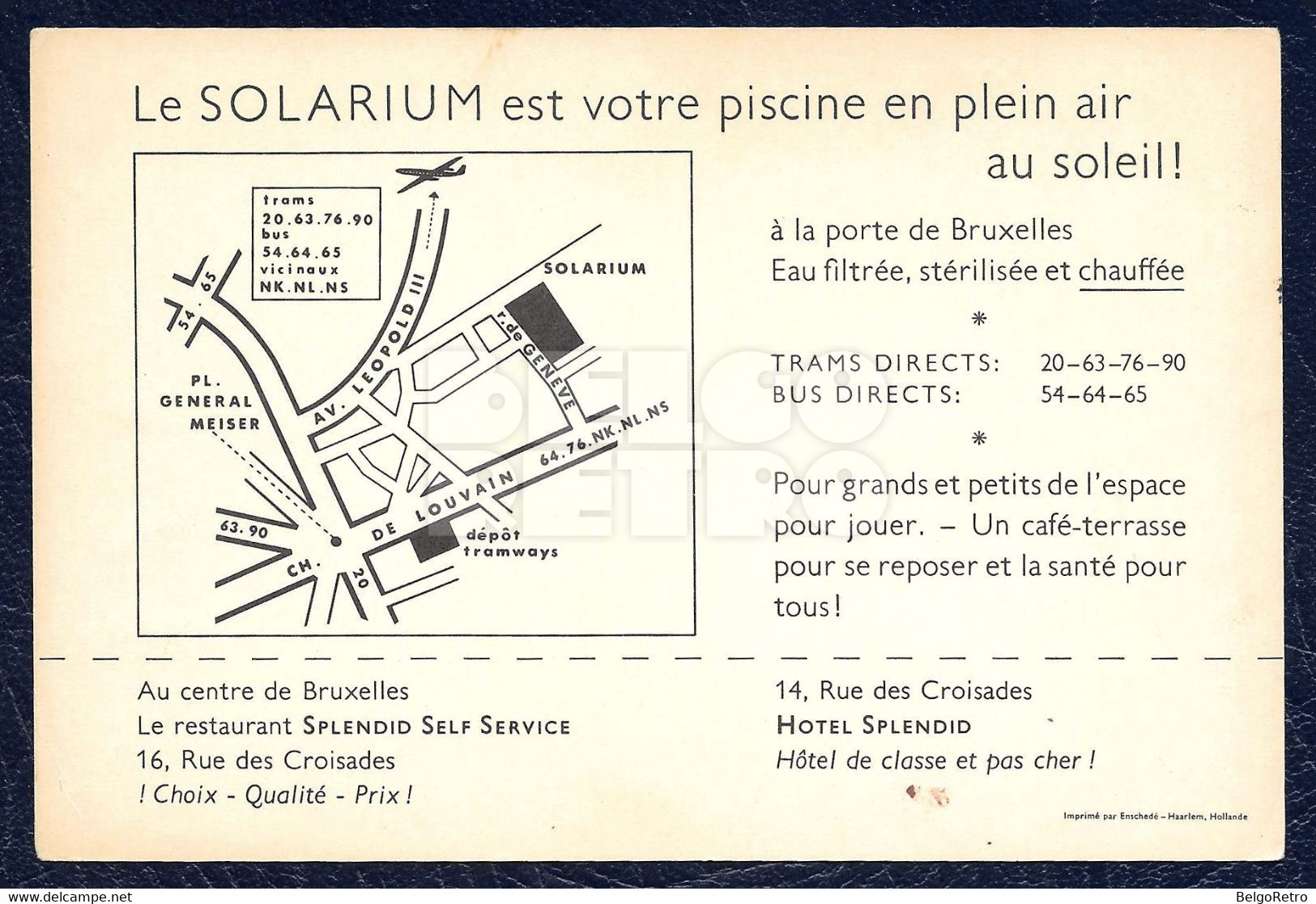 EVERE : Solarium D'Evere (réclame - Reklame Hotel Splendid Verso) [2 Scans R°V°] - Evere