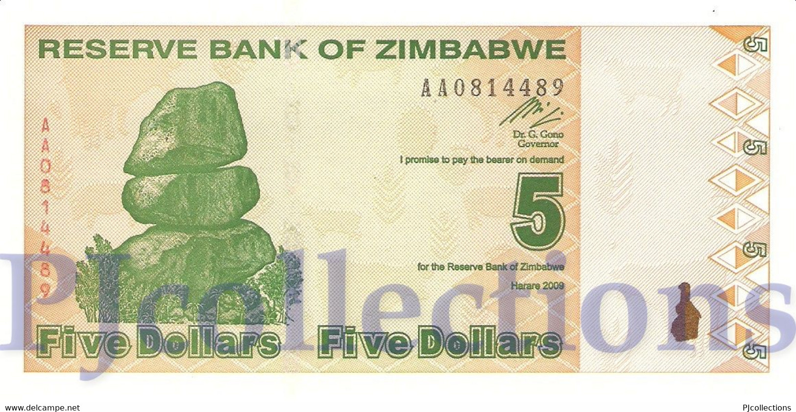 ZIMBABWE 5 DOLLAR 2009 PICK 93 UNC PREFIX "AA" - Zimbabwe