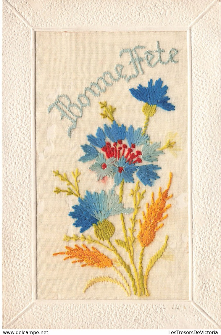 Carte Brodée - Fleur - Bonne Fête - Cadre Relief - Carte Postale Ancienne - Borduurwerk