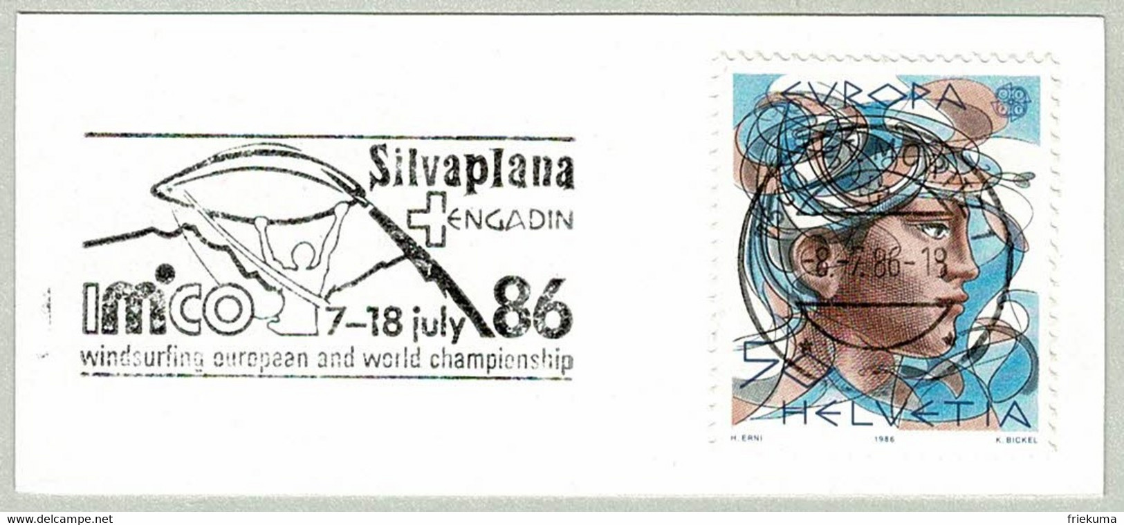 Schweiz / Helvetia 1986, Flaggenstempel Windsurfing Silvaplana St. Moritz - Fallschirmspringen