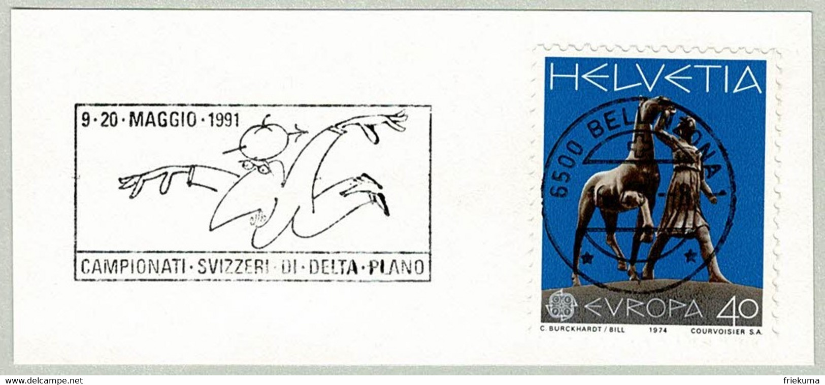 Schweiz / Helvetia 1991, Flaggenstempel Delta-Fliegen / Delta Plano Bellinzona - Fallschirmspringen