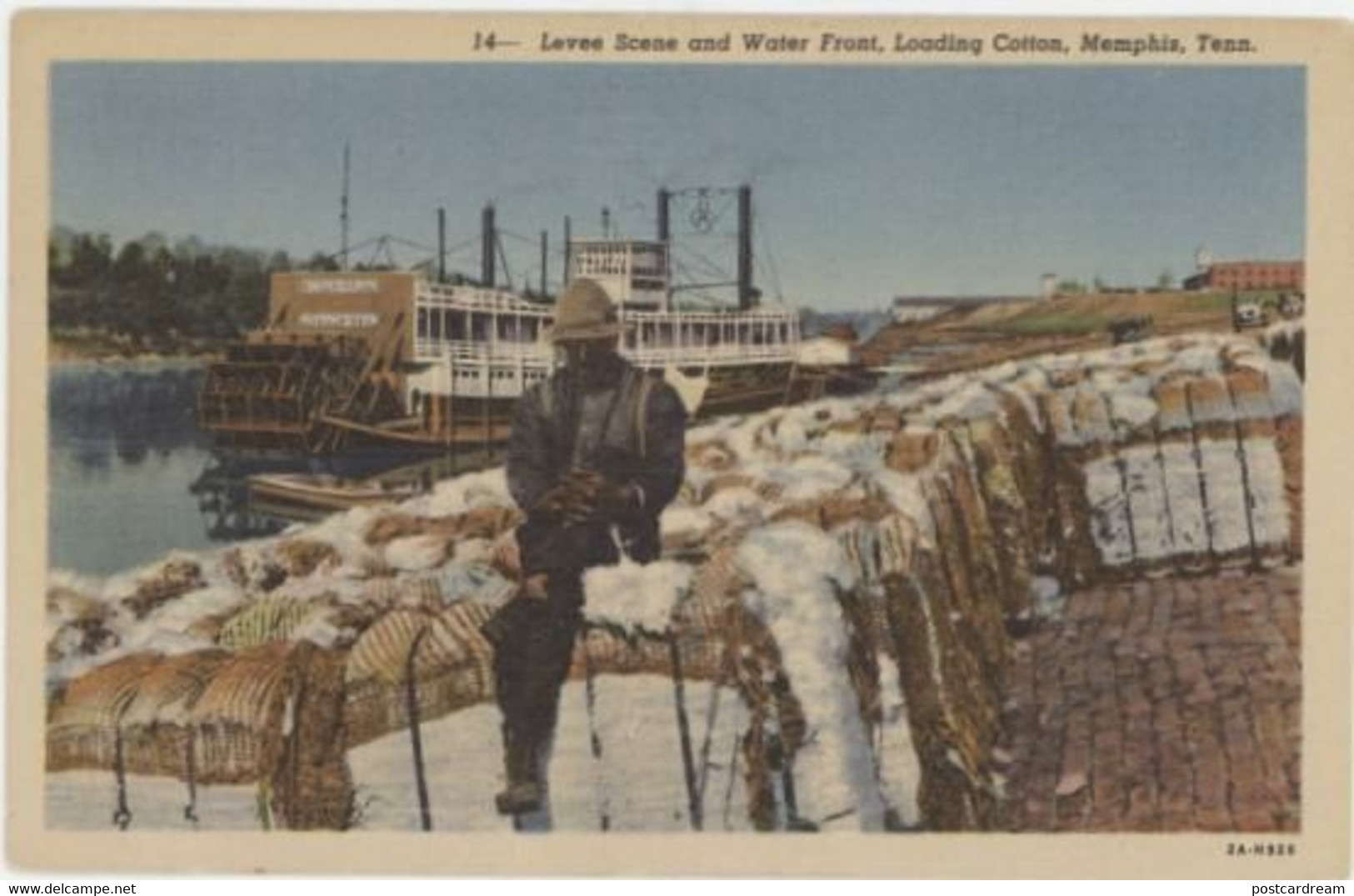 Memphis TN Loading Cotton Bales Riverboat Background 1932 Postcard - Memphis