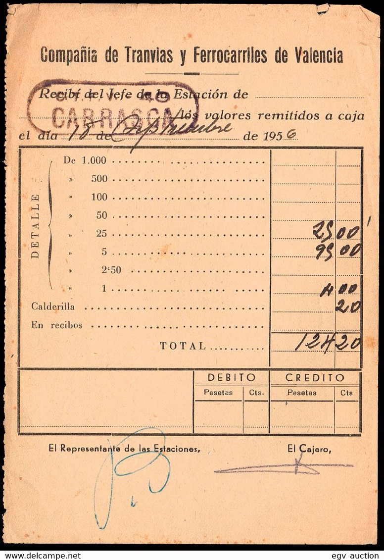 Valencia - 1956 - "Recibí De Jefe De Estación" + Marca "C.T.F  - Carrasca" De CIA De Tranvías Y FFCC De Valencia - Spanien