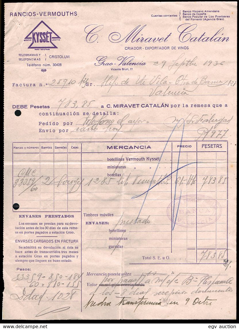 Valencia - 1936 - Factura "Miravet Catalán - Exportador De Vinos" + Cuño "Comité Ejecutivo Popular - Banca - Valencia" - Spanien