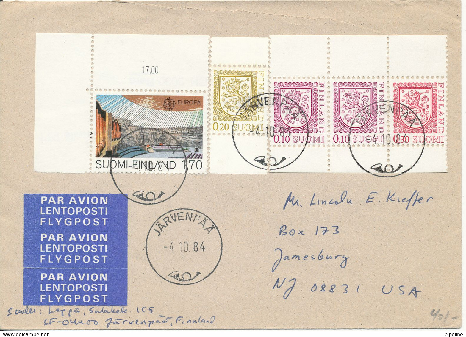 Finland Cover Sent Air Mail To USA Järvenpää 4-10-1984 EUROPA CEPT And Lion Type Stamps - Covers & Documents