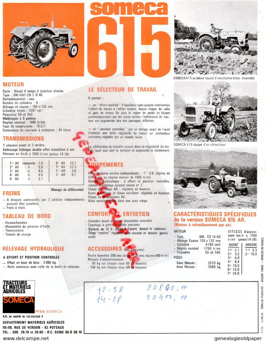 92- PUTEAUX- RARE PROSPECTUS PUBLICITE TRACTEUR SOMECA 615-TRACTEURS- AGRICULTURE - Landwirtschaft