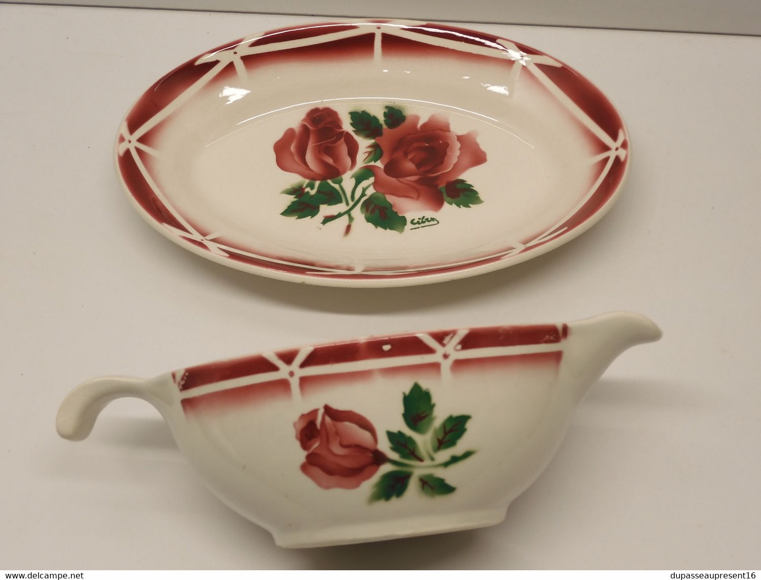 *SAUCIERE & RAVIER CERAMIQUE ART DECO DIGOIN CIBON décor de roses TABLE  E