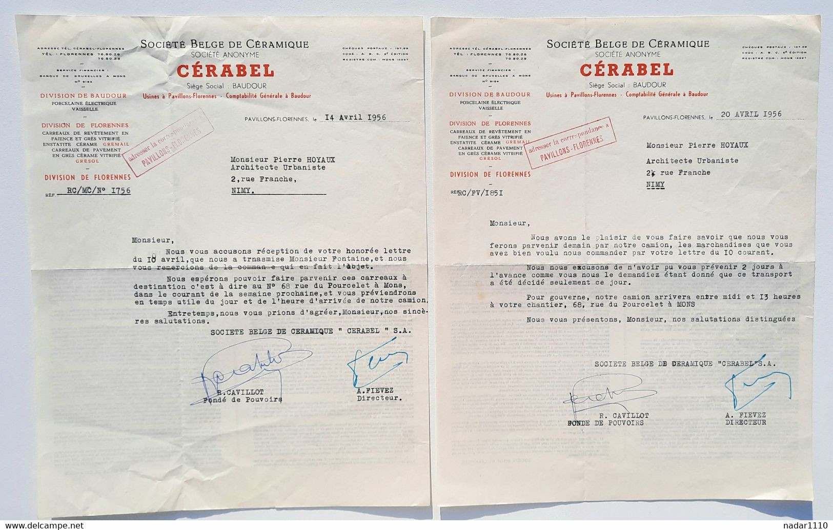 Cérabel - Divisions De Baudour Et Florennes - 2 Courriers à En-tête Vers Client De Mons, 1956 - 1950 - ...