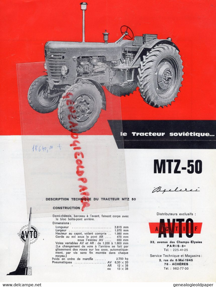 78-ACHERES-PARIS-TRAKTOROEXPORT MOSCOU-RARE PROSPECTUS PUBLICITE TRACTEUR SOVIETIQUE MTZ 50-AVTO AGRICULTURE - Agriculture