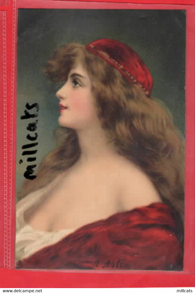 ANGELO ASTI HELENA  DECOLLETAGE GLAMOUR ART  FASHION     RED DRESS BONNET  LONG HAIR RAPHAEL TUCK SERIES - Asti