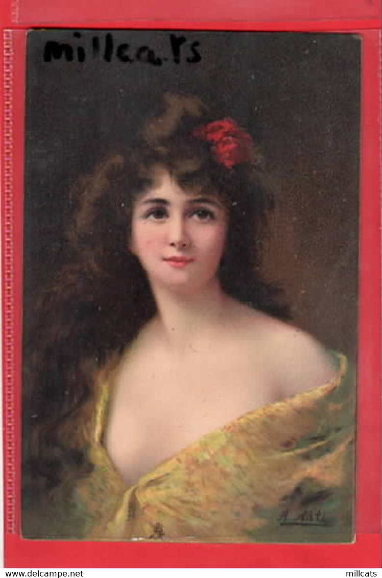 ROSALIND    ANGELO ASTI DECOLLETAGE GLAMOUR ART  FASHION     YELLOW DRESS LONG HAIR + ROSE RAPHAEL TUCK SERIES - Asti