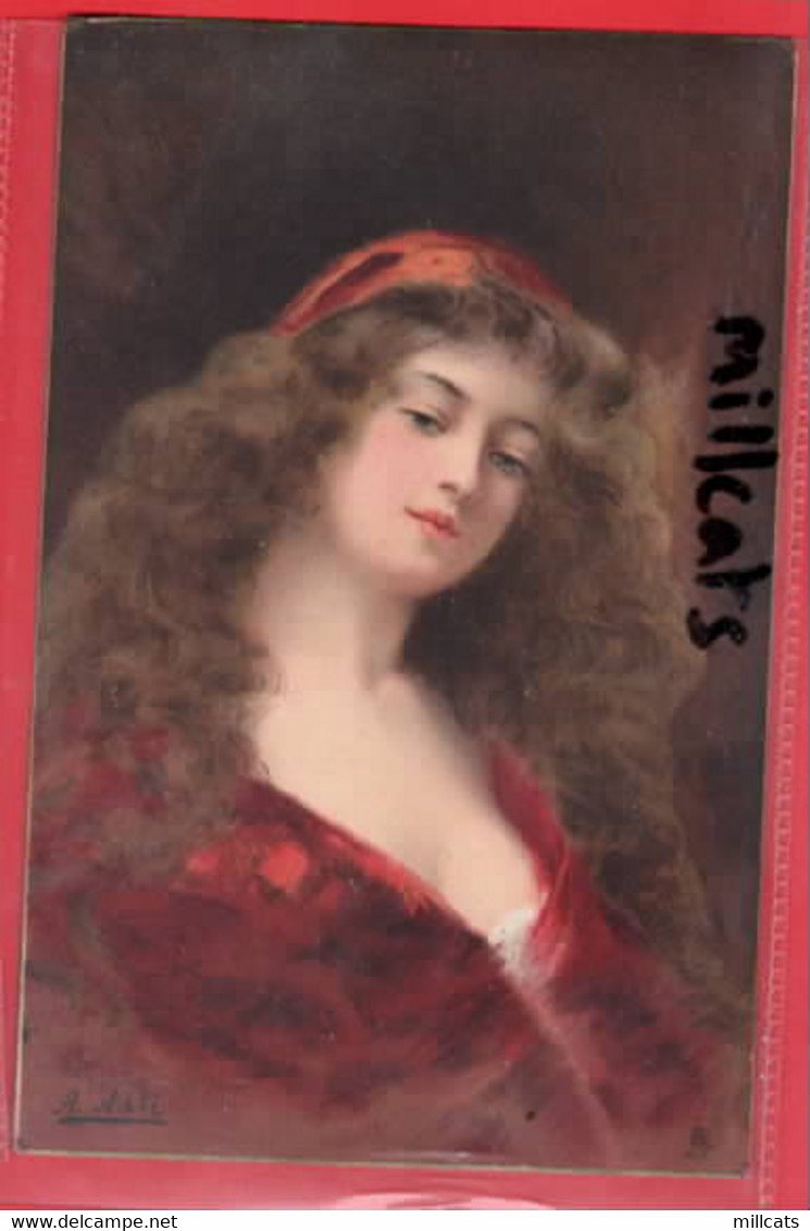 BEATRICE  ANGELO ASTI DECOLLETAGE GLAMOUR ART  FASHION   RED DRESS LONG HAIR + BONNET  RAPHAEL TUCK SERIES - Asti