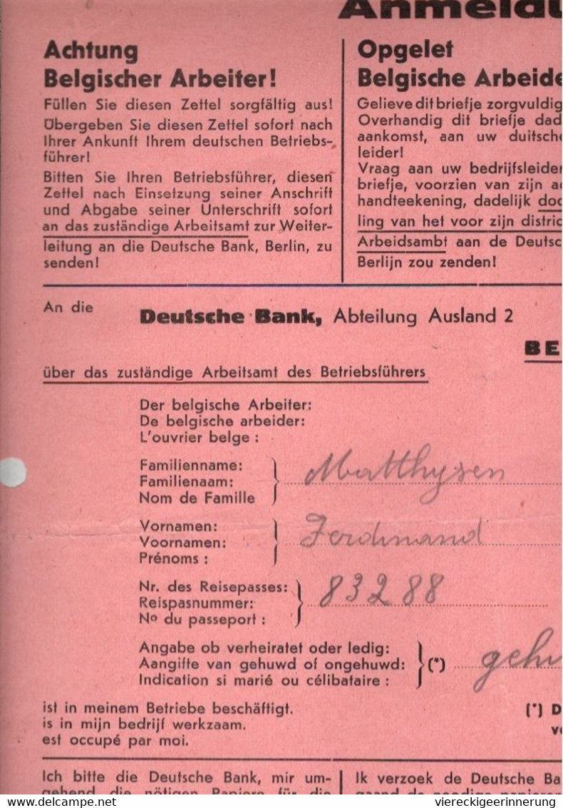 ! Ca.1941-1943 Formular Für Fremdarbeiter Aus Belgien, An Deutsche Bank, Lohnüberweisung N. Antwerpen, Anvers - Storia Postale