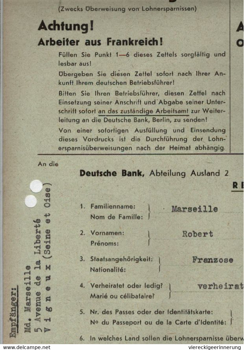 ! 2.Weltkrieg, 1942 Formular Für Fremdarbeiter Aus Frankreich, An Deutsche Bank, Lohnüberweisung N. Vigneux - Occupazione 1938 – 45