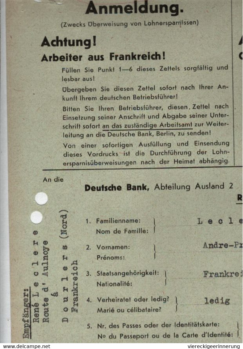 ! 2.Weltkrieg, 1942 Formular Für Fremdarbeiter Aus Frankreich, An Deutsche Bank, Lohnüberweisung N. Dourlers - Documenti Della Posta