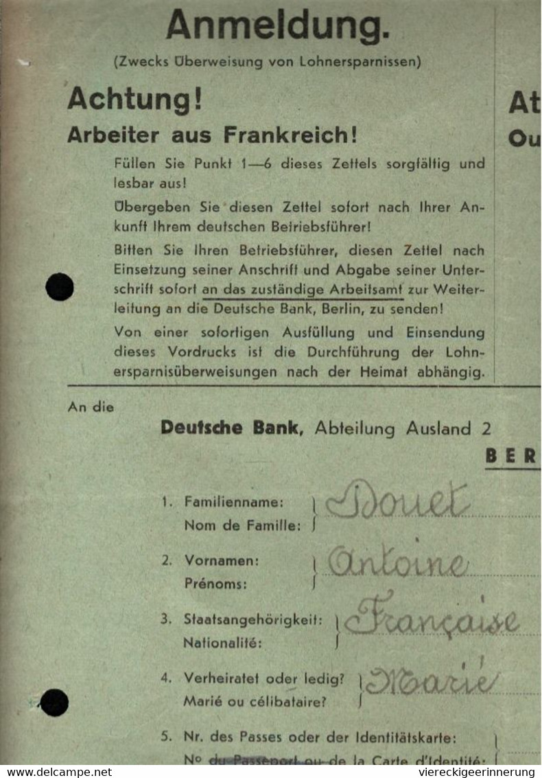 ! 2.Weltkrieg, 1942 Formular Für Fremdarbeiter Aus Frankreich, An Deutsche Bank, Lohnüberweisung N. Les Riceys Aube - Covers & Documents