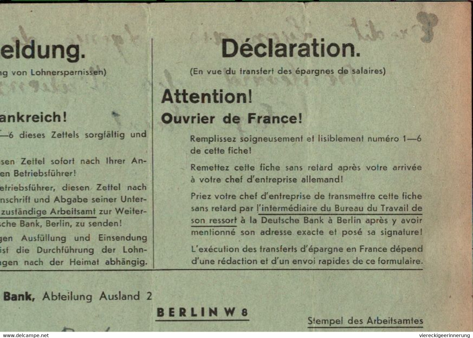 ! 2.Weltkrieg, Ca. 1942 Formular Für Fremdarbeiter Aus Frankreich, An Deutsche Bank, Lohnüberweisung N. Paris - Lettres & Documents