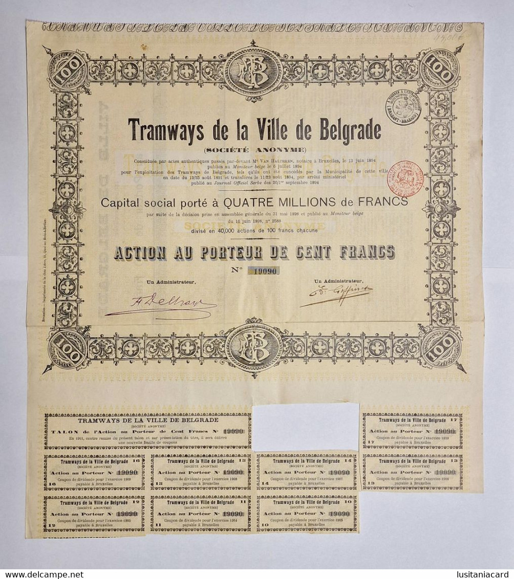 SERVIA - BELGRADE - Tramways De La Ville De Belgrade- Action Au Porteur De Cent Francs Nº 19090 - 1894 - Transports