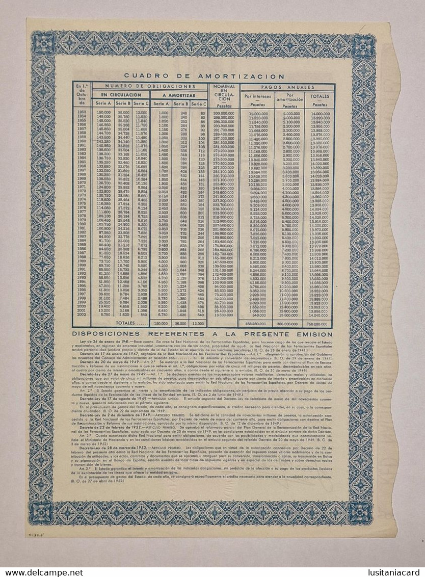 SPAIN-Red Nacional De Los Ferrocarriles Españoles-Obligación Al Portador De 1000 Pesetas Nº 048312- 1 De Octubre De 1952 - Transporte