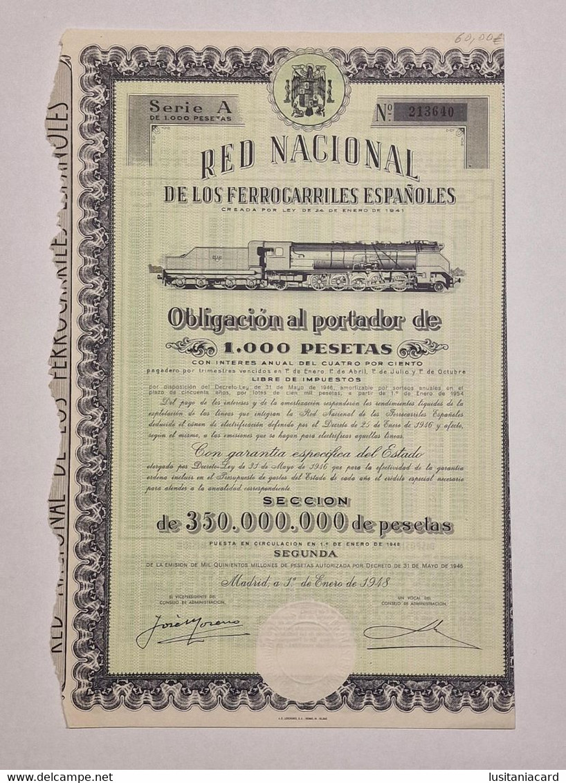 SPAIN-Red Nacional De Los Ferrocarriles Españoles-Obligación Al Portador De 1000 Pesetas Nº 213640 -1º De Enero De 1948 - Transport